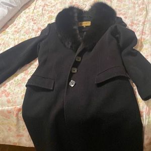Black long coat with dyed fox collar in black.